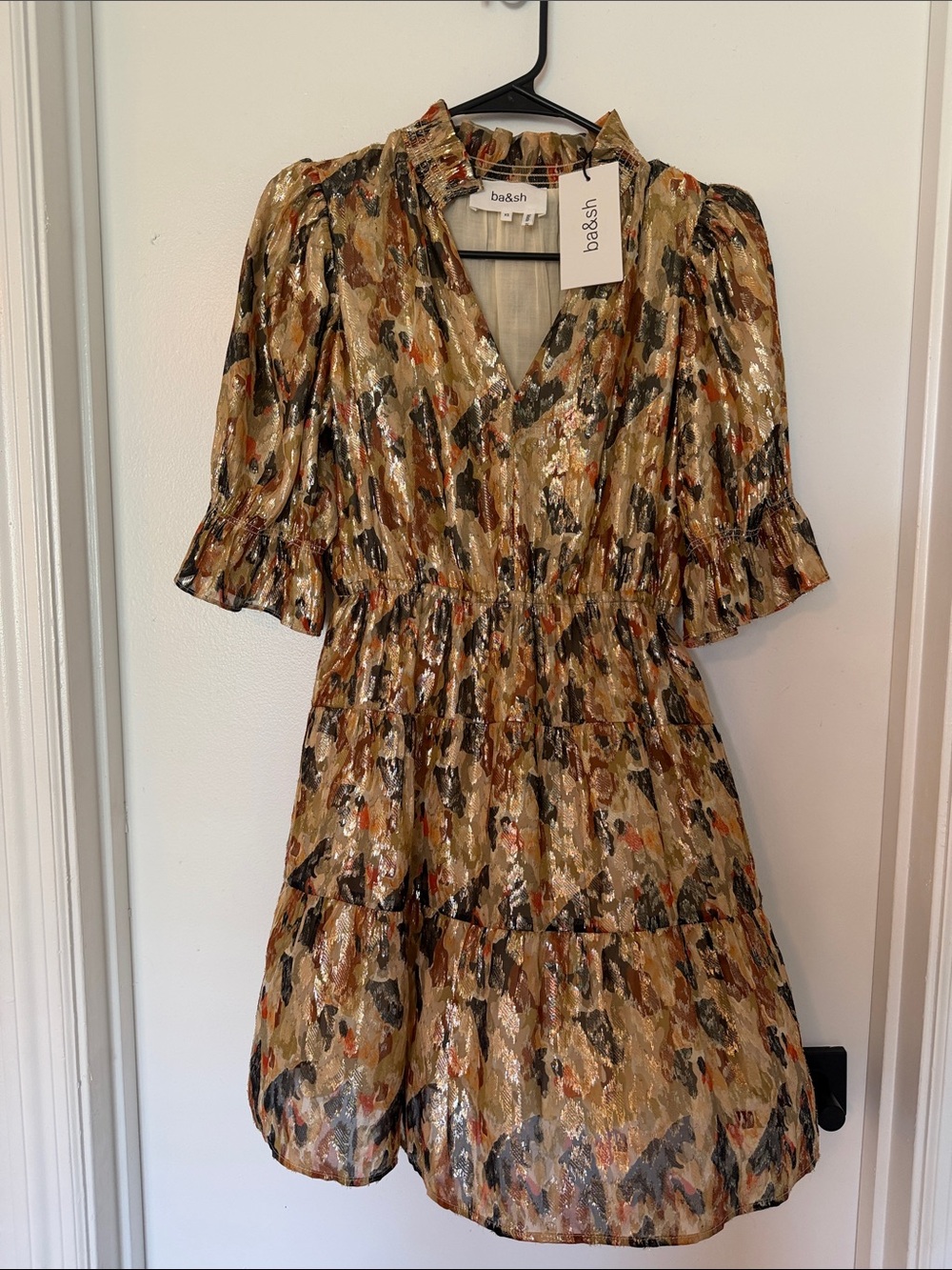 NWT ba&sh Gloria Metallic Silk-Blend Mini Dress Gold Ochre XS